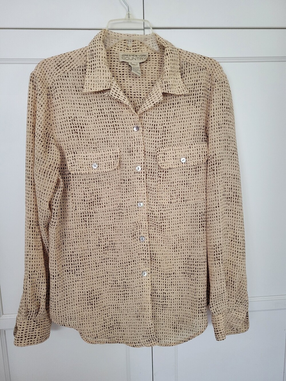 Vintage Jones New York Country Beige Patterned Long-Sleeve Button Down Shirt, 12
